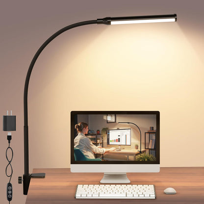 ShineTech LED Desk Lamp with Clamp, Eye-Caring Clip on Desk Light with 3 Color Modes & Stepless Dimming, 360° Flexible Gooseneck Desk Lamp for Home Office College Dorm with USB Adapter