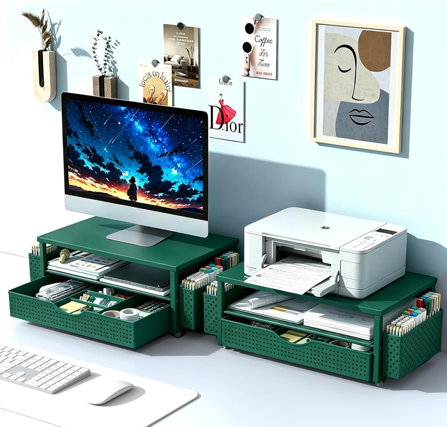 Spacrea Desk Organizer and Accessories, Computer Monitor Stand Riser with Drawer and 2 Pen Holders, Office Desk Accessories & Workspace Organizers for Office Supplies (Wood)