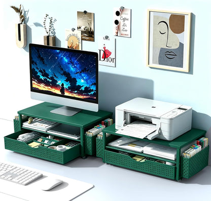 Spacrea Desk Organizer and Accessories, Computer Monitor Stand Riser with Drawer and 2 Pen Holders, Office Desk Accessories & Workspace Organizers for Office Supplies (Wood)