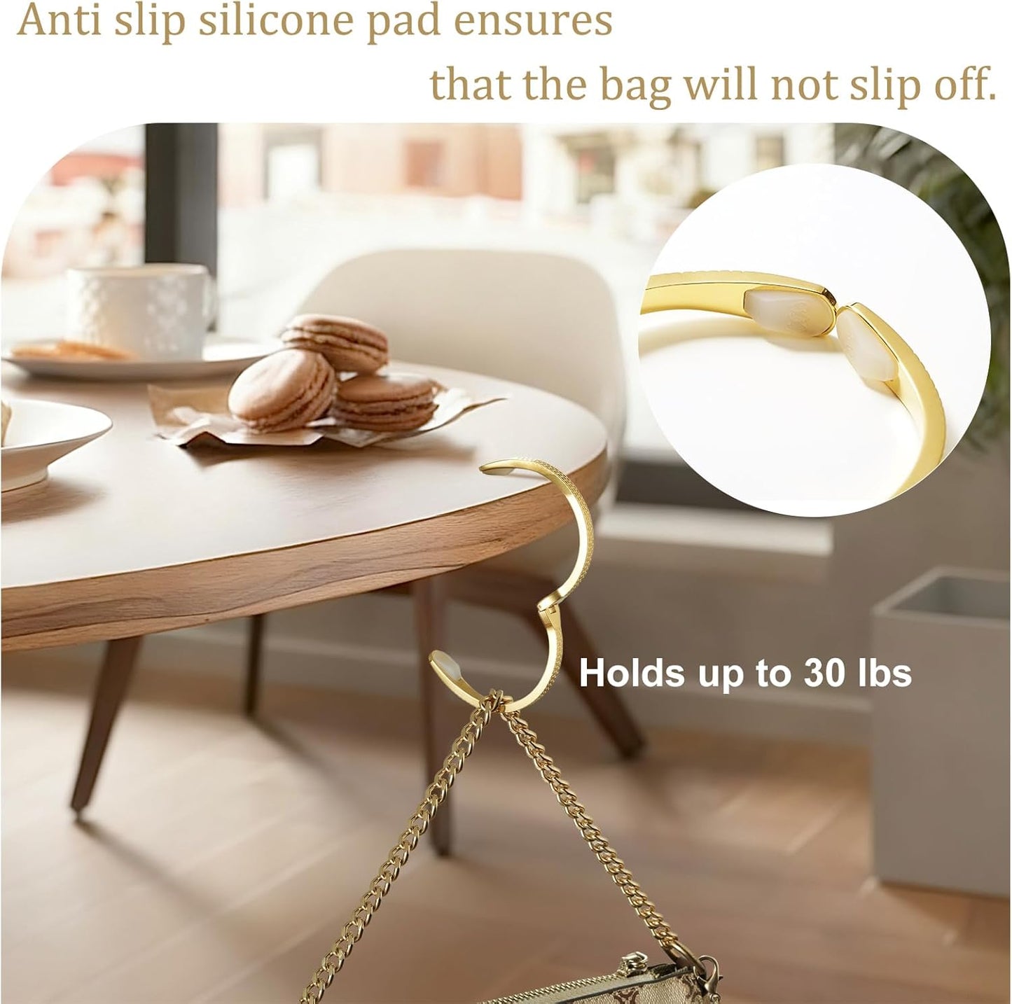Purse Hook for Table, 18K Gold Plated Mesh Link Bracelet for Women, Holds up to 30 lbs, Portable 2-in-1 Handbag Hanger, Premium Anti-Slip Bag Holder with Gift Box, Ideal Gift