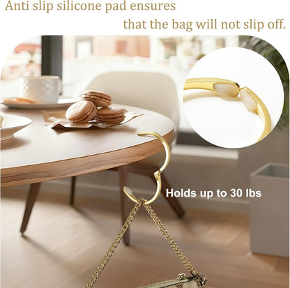 Purse Hook for Table, 18K Gold Plated Mesh Link Bracelet for Women, Holds up to 30 lbs, Portable 2-in-1 Handbag Hanger, Premium Anti-Slip Bag Holder with Gift Box, Ideal Gift