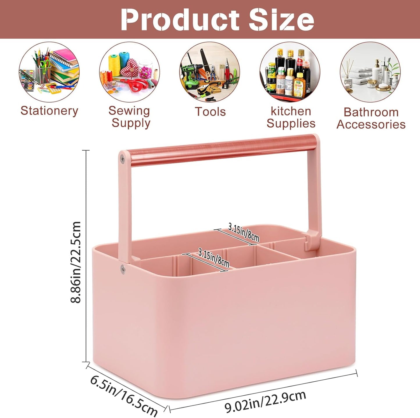 Multipurpose Caddy Organizer with Handle and Adjustable Divider, Portable Art Supply Storage Organizer for Art Craft Supplies, Dorm, Classroom, Office, Bathroom, Shower, Cleaning, Makeup (Pink)