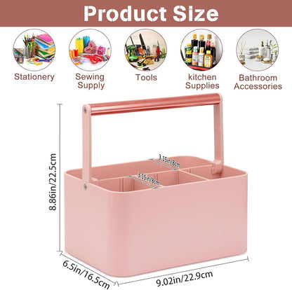 Multipurpose Caddy Organizer with Handle and Adjustable Divider, Portable Art Supply Storage Organizer for Art Craft Supplies, Dorm, Classroom, Office, Bathroom, Shower, Cleaning, Makeup (Pink)