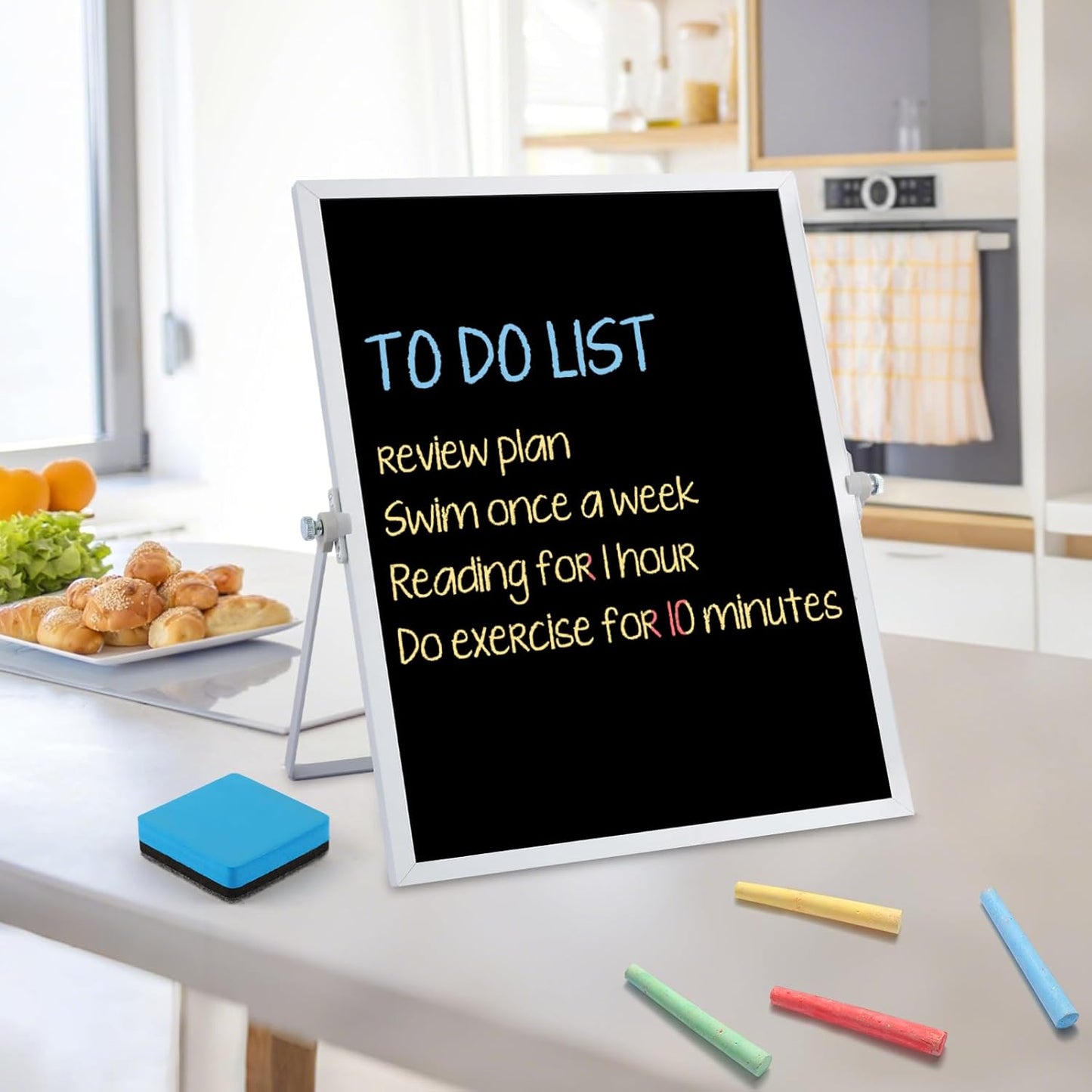 Small Magnetic Chalk Board Easel 10"X10", Double-Sided Tabletop & Wall Hanging Chalkboard with 4 Chalks & Eraser, Desktop Mini Black Board Sign for Office Desk Home Menu and School