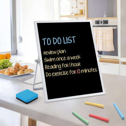 Small Magnetic Chalk Board Easel 10"X10", Double-Sided Tabletop & Wall Hanging Chalkboard with 4 Chalks & Eraser, Desktop Mini Black Board Sign for Office Desk Home Menu and School