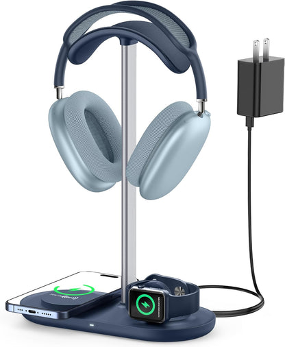 HiWe 4-in-1 RGB Gaming Headphone Stand with Dual Controller Holder, Wireless Charger for iPhone/Apple Watch, USB-A & USB-C Outputs, Adapter Included, Black