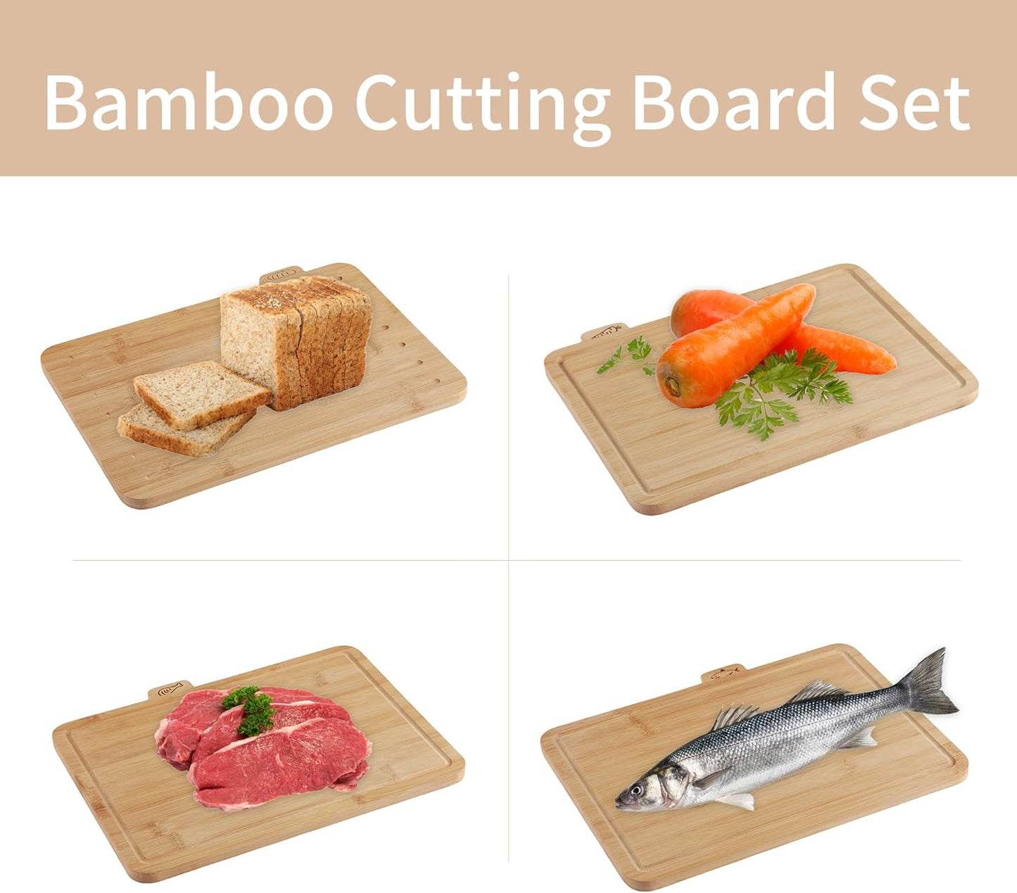 Fiery Chef 14.56"L x 11"W Bamboo Cutting Board Set of 4 - Wood Cutting Board Set with Holder, Chopping Boards Set with Food Icons, Juice Groove - Ideal for Meat, Fish, Bread, Vegetable, Fruit Chopping