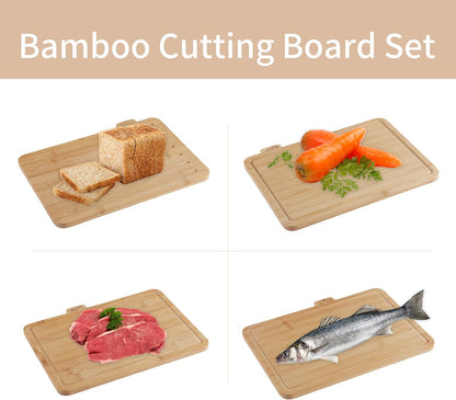 Fiery Chef 14.56"L x 11"W Bamboo Cutting Board Set of 4 - Wood Cutting Board Set with Holder, Chopping Boards Set with Food Icons, Juice Groove - Ideal for Meat, Fish, Bread, Vegetable, Fruit Chopping