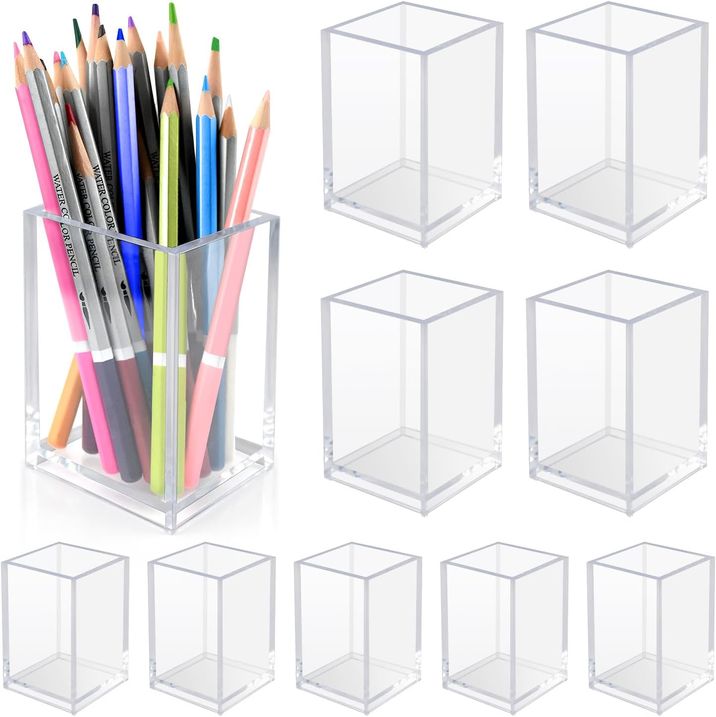 10 Pack Clear Acrylic Pen Holder for Desk, Pencil Cup Makeup Brush Organizer, Square Acrylic Pencil Holders for Office School Home Supplies, Desktop Stationery Organizer for Pens Markers Brushes