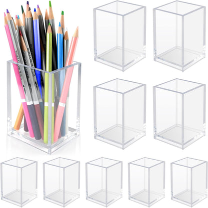 10 Pack Clear Acrylic Pen Holder for Desk, Pencil Cup Makeup Brush Organizer, Square Acrylic Pencil Holders for Office School Home Supplies, Desktop Stationery Organizer for Pens Markers Brushes