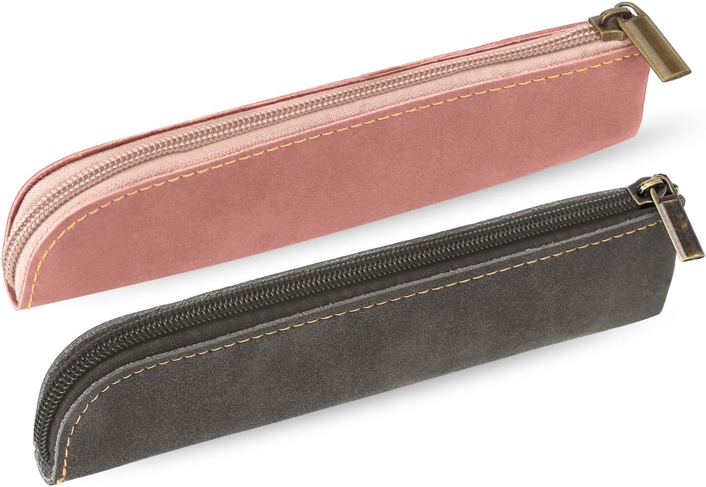 Psyqtsuary Leather Pencil Case, 2 Pcs Slim Small Pencil Pouch Portable Flat Pen Pouch with Zipper Simple Makeup Bag Lipstick Case for Women Men Home, Office, Travel Outdoor (Black, Claret)