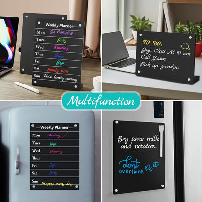 2PCS Clear Acrylic Weekly Dry Erase Board Desktop, 8x6 Small Magnetic Whiteboard with Stand for Table Calendar Memo Board for Fridge, Office, School, Home