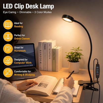 USB Clip-On Desk Lamp with 3 Color Modes, Adjustable Brightness, Gooseneck, 1 Minute Timer, Book Light for Reading Book in Bed at Night Clip on Table, headboard, Dorm, (Warm+Cool White, 8W)