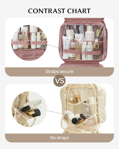 EACHY Toiletry Bag with Hanging Hook, Travel Makeup Bag PU Leather Cosmetic Bags for Women Make Up Organizer with 4 Compartments Waterproof Full-Size Portable Travel Essentials (Beige)