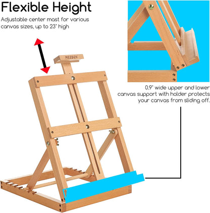 MEEDEN Heavy-Duty Tabletop Studio H-Frame Wooden Easel- Solid Beech Wood Adjustable Artists Desktop Wood Easel Table for Artist, Beginners & Teens- Holds Canvas Art up to 23" High