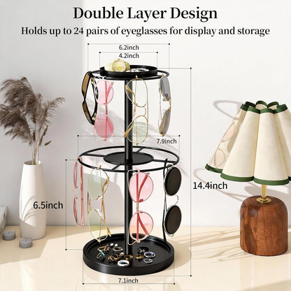 LSK Metal Sunglasses Organizer, Glasses Holder Stand with Storage Tray, Eyeglasses Holder with Anti-Slip Pads for Tabletop, Desk, Dresser, Matte Black