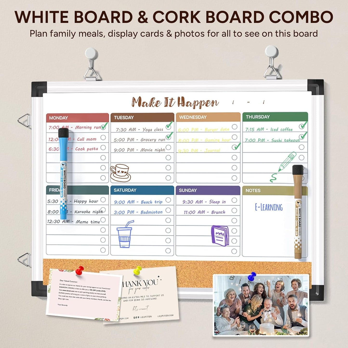Marsrock Weekly Dry Erase Board and Cork Board Combo for Wall, 17"x13" Reversible Hanging Dry Erase Board, Double Sided White Board with Aluminum Frame for Planning, Office, Kitchen, School, Home
