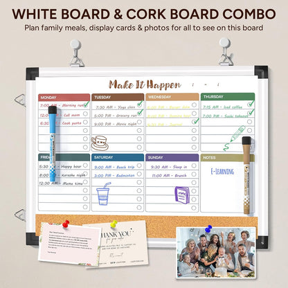 Marsrock Weekly Dry Erase Board and Cork Board Combo for Wall, 17"x13" Reversible Hanging Dry Erase Board, Double Sided White Board with Aluminum Frame for Planning, Office, Kitchen, School, Home