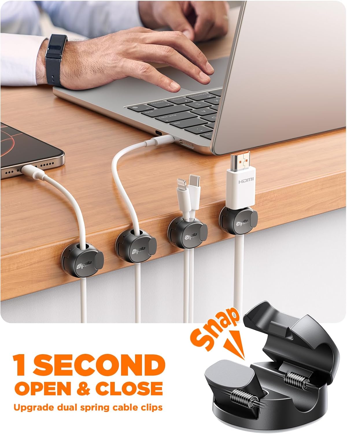 Chfeila 8 Pack Cable Clips [Dual Spring & Clasp] Cable Management, Max Secure Adhesive Cord Organizer, Cord Holder for Nightstand, School Office, College Dorm Essentials, Desk Accessories & Decor