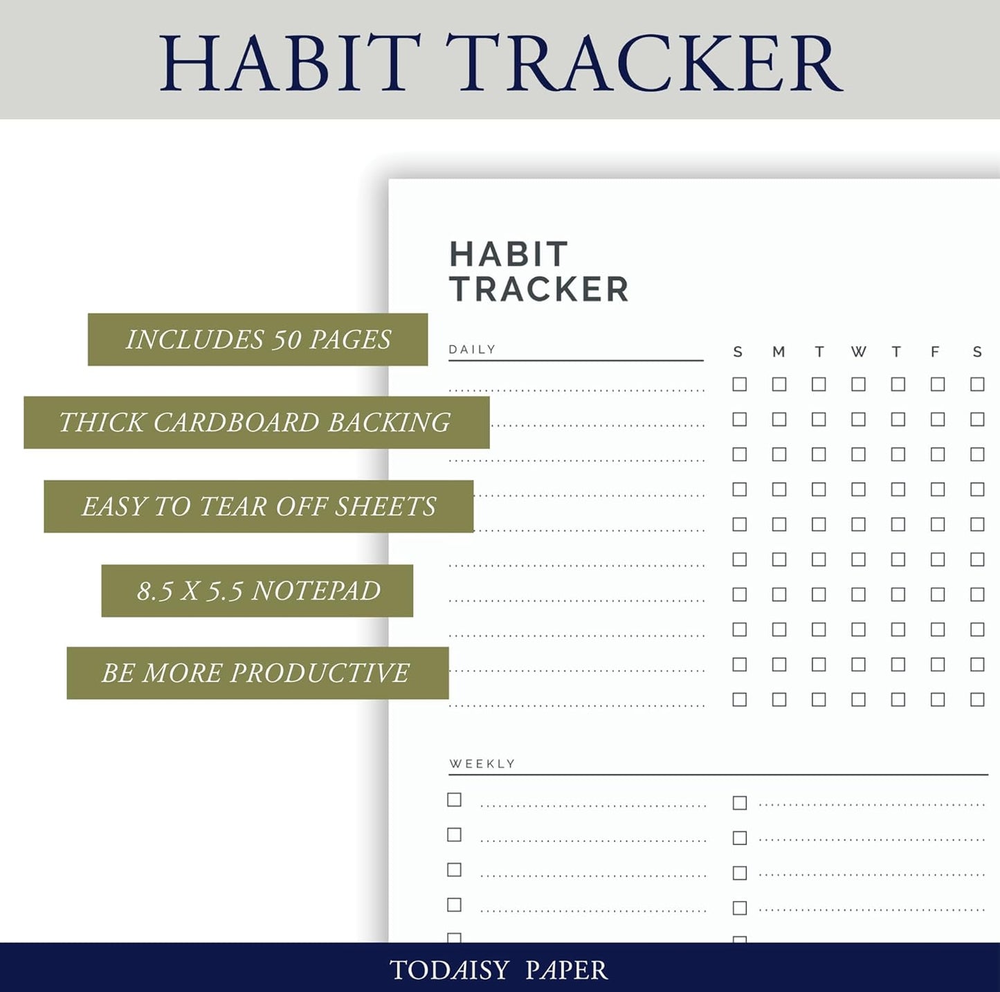 Habit Tracker Planning Pad 5.5 x 8.5"" To-Do List Notepad with Task Organizer. Perfect for office, home and work organization. 50 tear off sheets by Todaisy Paper., White