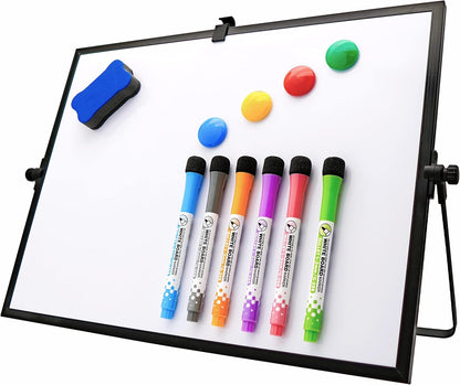 Desktop Dry Erase Board - 16in x12in Double Sided Stylish Black Frame Magnetic Desktop Whiteboard with Stand Comes with 6 Magnetic Markers, 4 Magnets, 1 Eraser, 1 Pen Clip