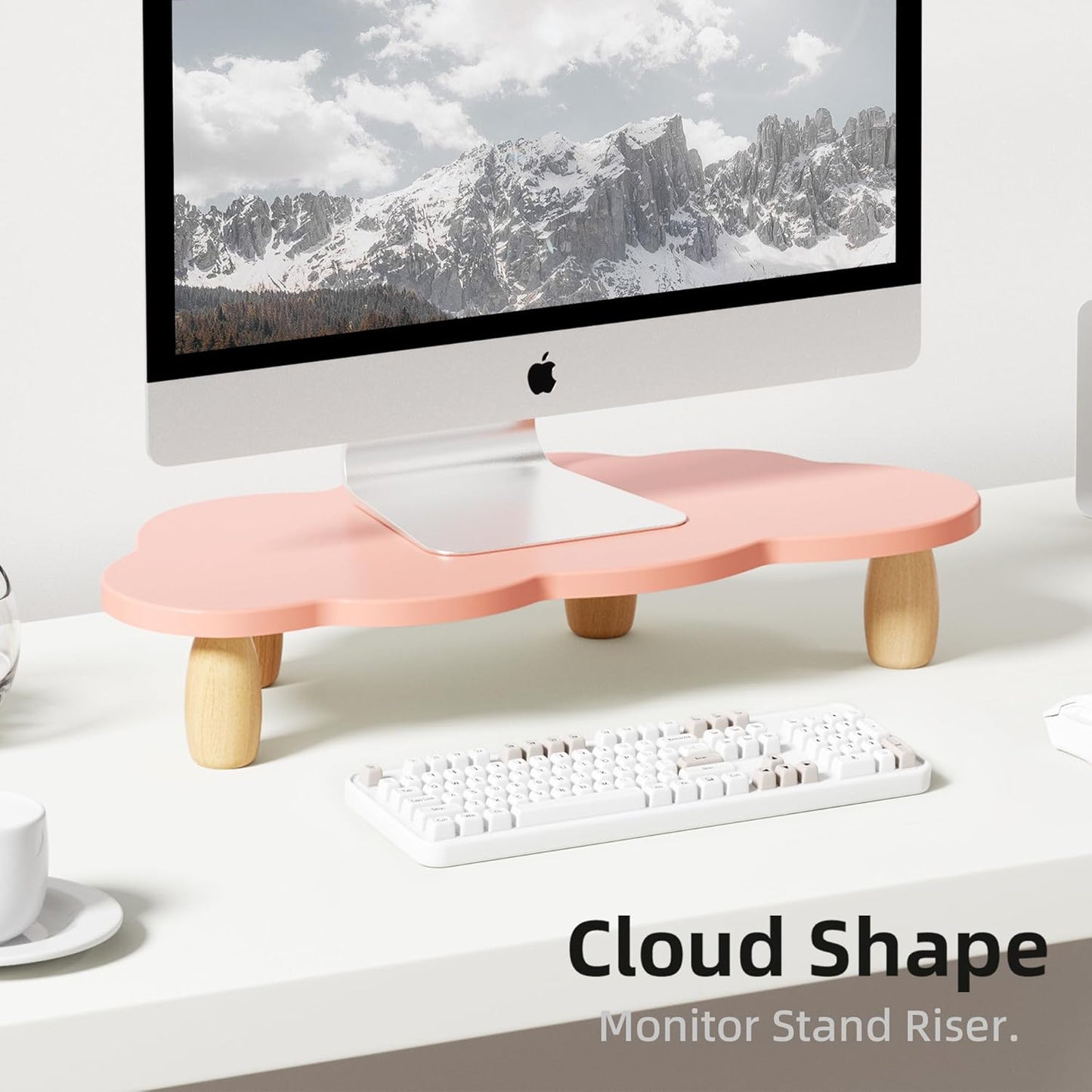 AFOOYO Monitor Stand Riser,Cloud-Shaped Sturdy Wood 16.5In Computer Monitor Riser Wirh Drawer, Multi-Purpose Desktop Organizer Riser for Computer,Laptop,Printer,TV,White