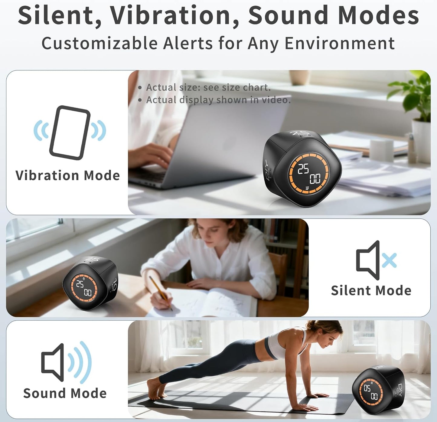 VEWINGL Cube Productivity Timer, 5/10/30/60 Min Presets + Custom Countdown, Silent/Vibrate/Sound Alarm, Pause & Resume, Desk Timer for Work, Study, Tasks, Kitchen