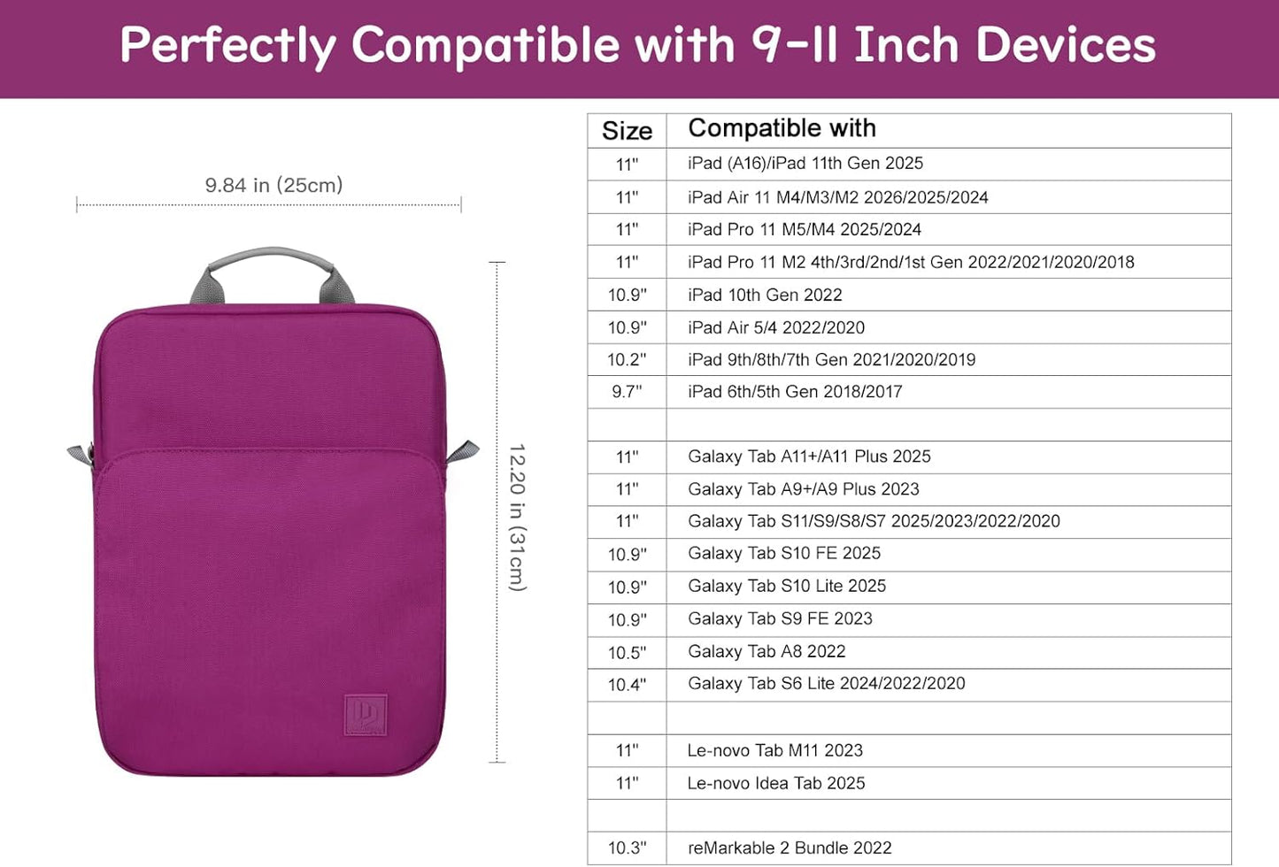 Dadanism 9-11 Inch Tablet Sleeve Bag Carrying Case with Shoulder Strap for iPad (A16) 11", iPad 10th Gen 10.9", iPad Air M4/Pro M5 11", iPad 9/8/7th 10.2", Galaxy Tab A11+ Plus 11", Cloudy Pink