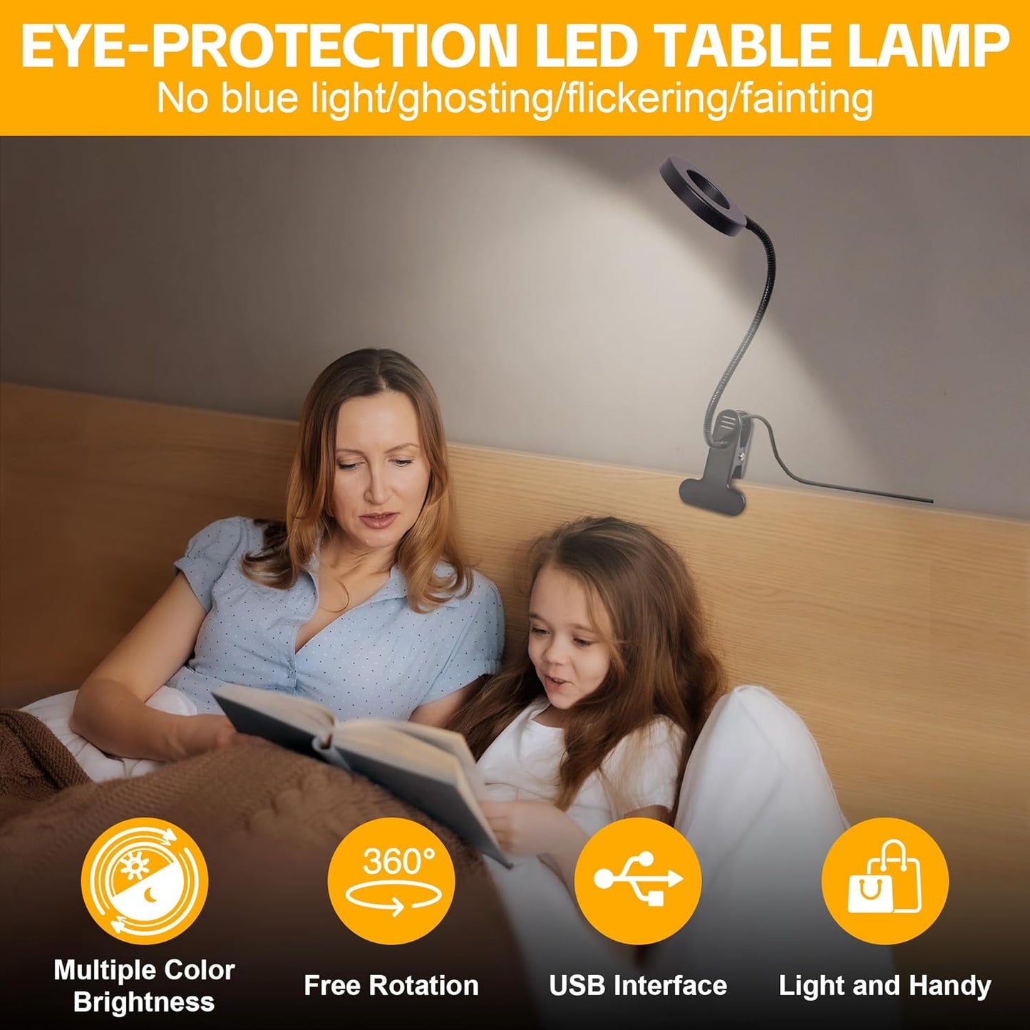 Foneso Desk Lamp Clip on Light, 48 LED USB Lamp with 3 Color Modes 10 Brightness Levels, 360° Flexible Gooseneck Eye Protection Bed Night Light for Reading, Makeup, Craft (Black)