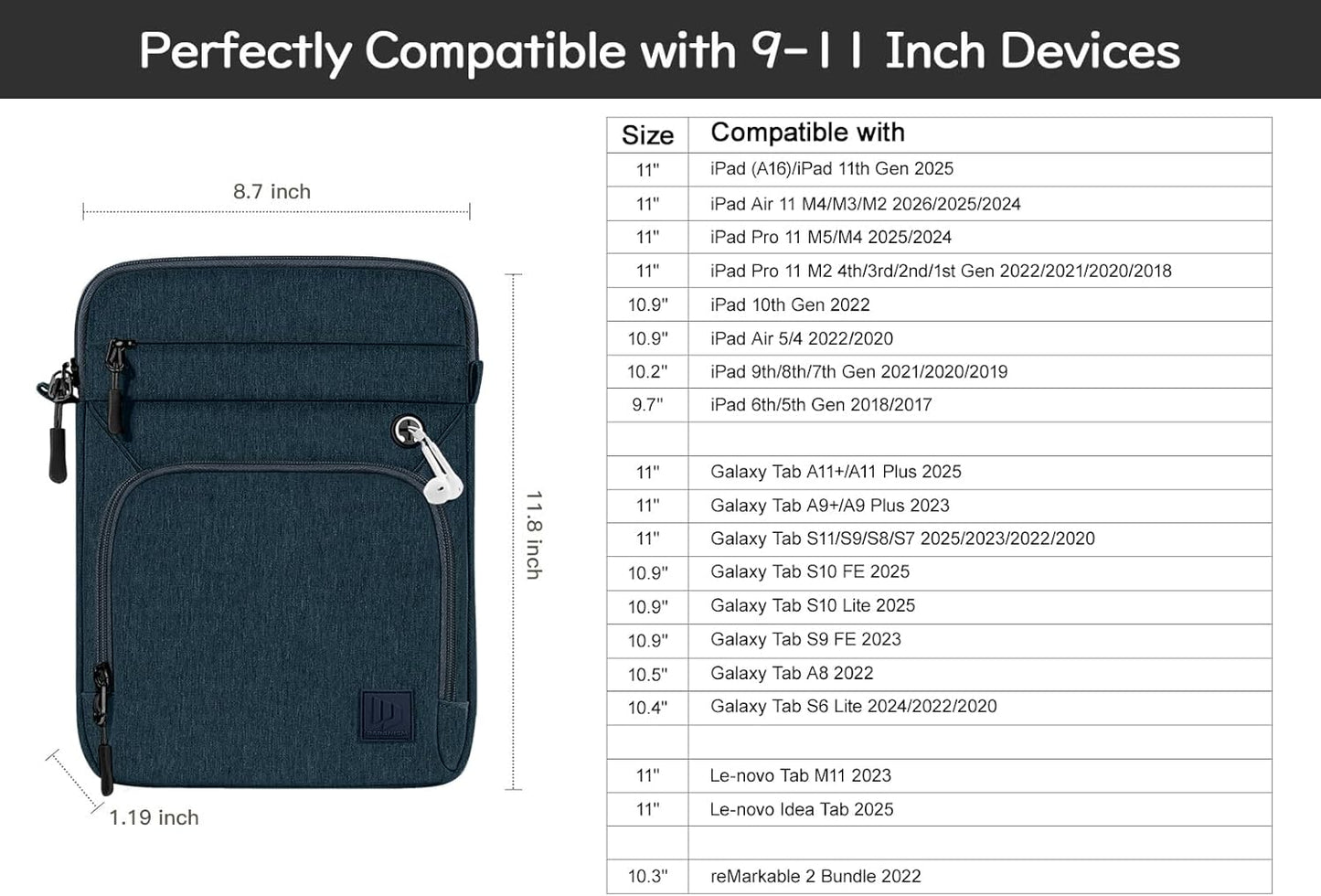 Dadanism 9-11 Inch Tablet Sleeve Bag with Shoulder Strap for iPad (A16) 11", iPad Air M4 Pro M5 11", i-Pad 10th Gen 10.9", i-Pad 9/8/7th Gen 10.2", Galaxy Tab A11+ Plus 11", reMarkable 2 10.3", Black