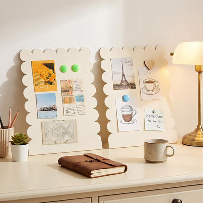 Gueevin 2 Pcs Magnet Board Standing Magnetic Metal Board for Desk and Wall Scalloped Magnetic Display Stand for Memos Photos and Documents Home Office School Desk Storage Decoration(White,Medium)