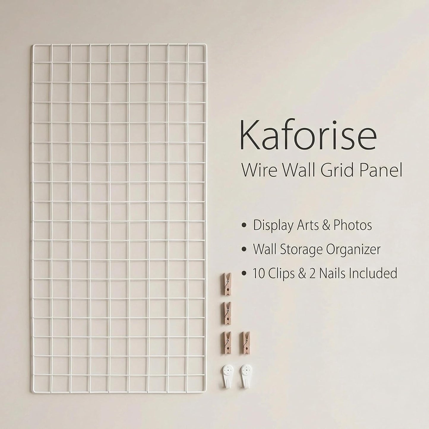 Kaforise Wire Wall Grid Panel, Wire Photo Hanging Display and Wall Storage Organizer, 10 Clips and 2 Nails Offered, Set of 1, Size 17.7" x 37.4", White