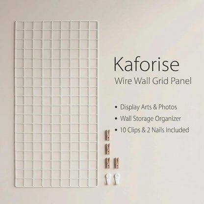 Kaforise Wire Wall Grid Panel, Wire Photo Hanging Display and Wall Storage Organizer, 10 Clips and 2 Nails Offered, Set of 1, Size 17.7" x 37.4", White