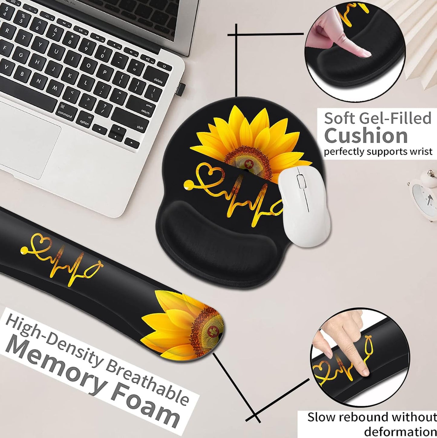 Mouse Pad with Wrist Support, Ergonomic Gel Mouse Pad Beautiful Flowers,Pink Hyacinths on Wood Panel，Non-Slip Durable, Memory Foam Keyboard Wrist Rest, Suitable for Office Typing Games