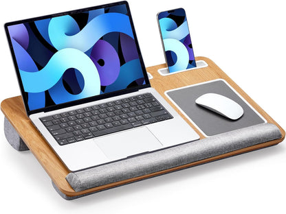 HUANUO Lap Desk - Fits up to 17 inches Laptop Desk, Built in Mouse Pad & Wrist Pad for Notebook, Laptop, Tablet, Lap Stand with Tablet, Pen & Phone Holder, Wood Grain