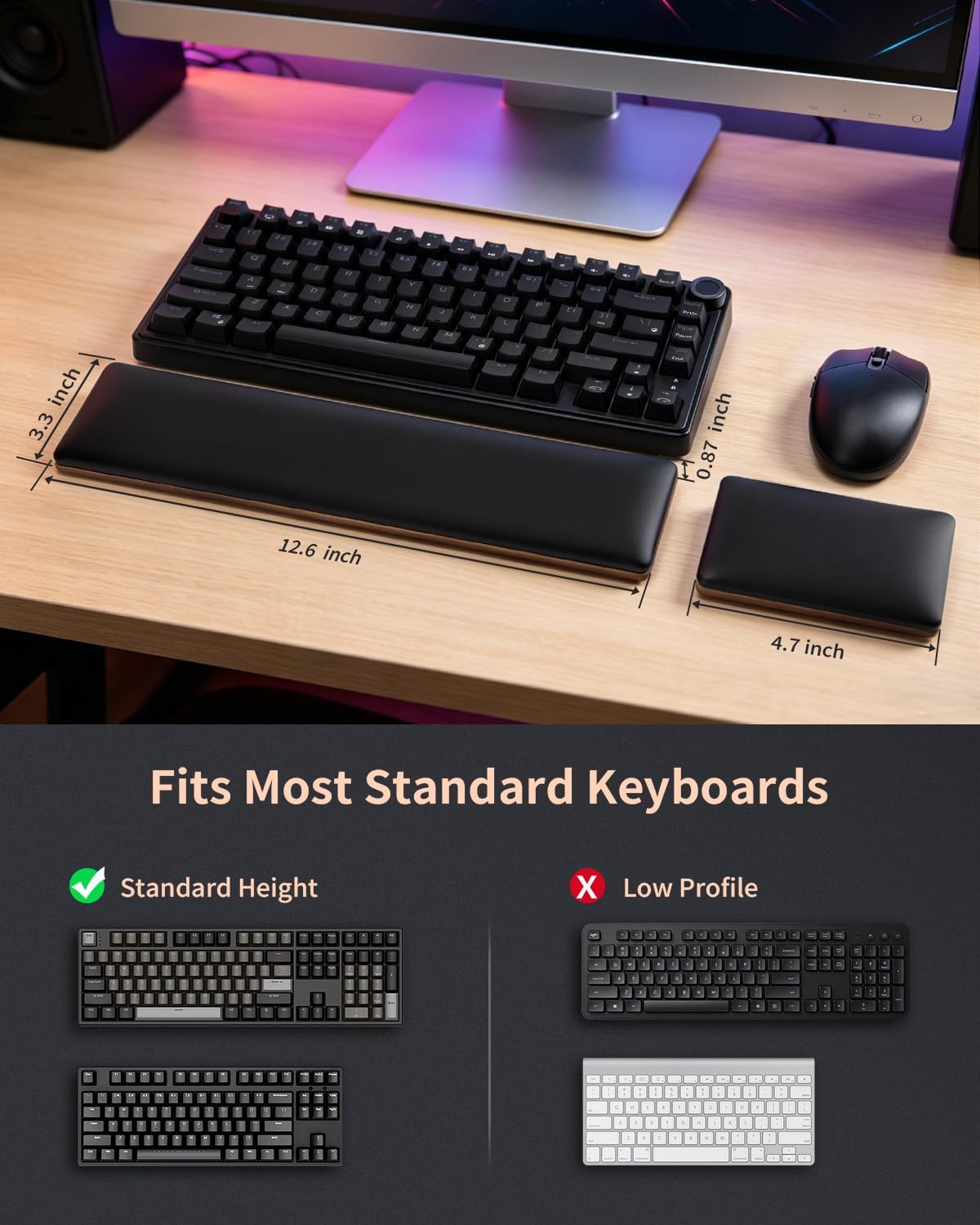 ASFSKY Keyboard and Mouse Wrist Rest Set for 60%-75% Compact Keyboards – Ergonomic Wooden Support Pad with PU Leather & Memory Foam, Anti-Slip Rubber Base for Gaming, Office & Typing Pain Relief