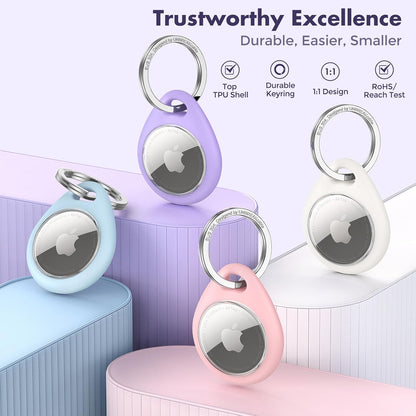 UNBREAKcable AirTag Holder for Apple - 4 Pack Air Tag Case [Fit Tightly Design] [Easy to Install] [Hold Securely] Waterproof TPU Protective Cover with Metal Keychain for Kids,Pet,Luggage,Backpack,Keys