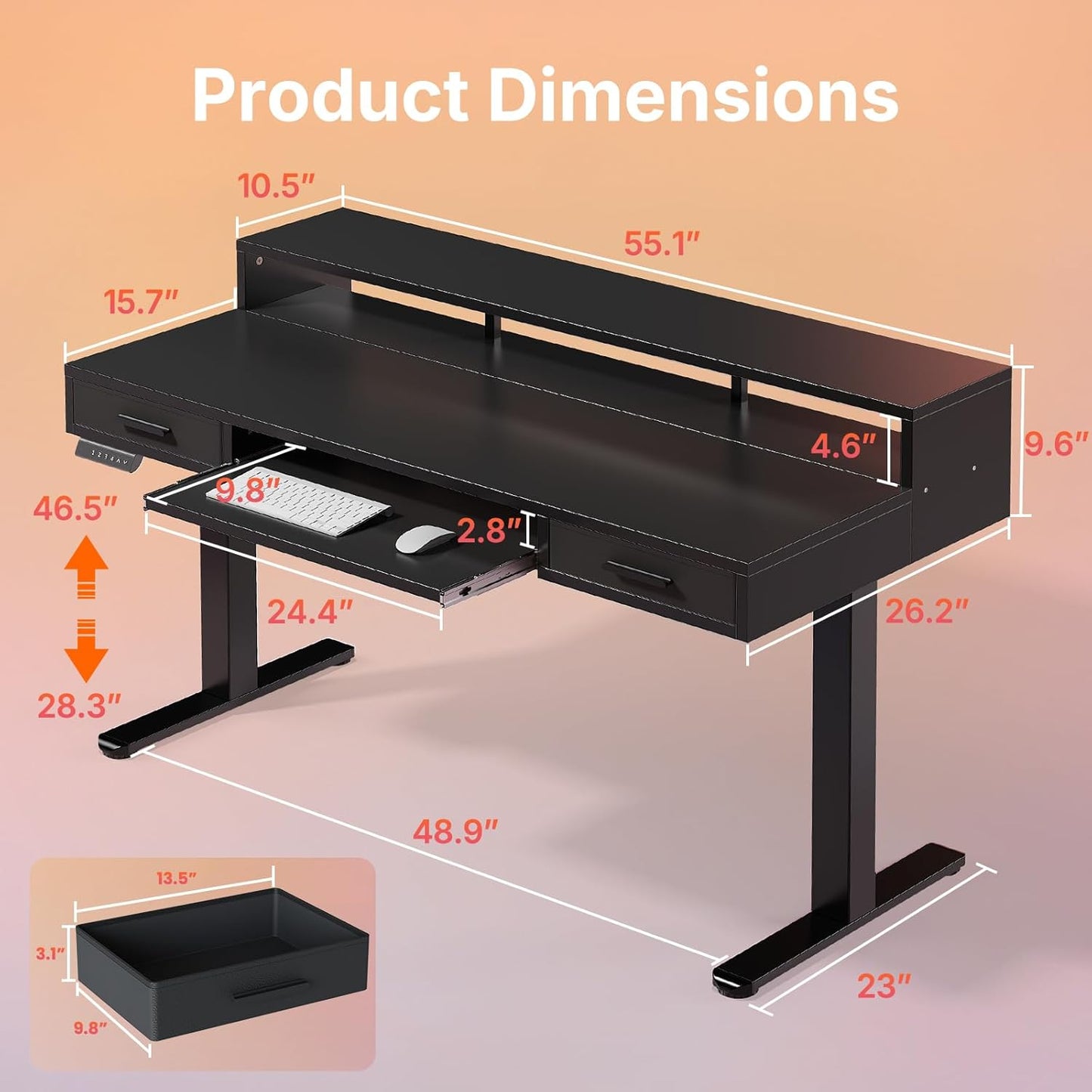 HUANUO 55″ x 26″ Electric Standing Desk with 2 Drawers &24.4″ Large Keyboard Tray, C-Clamp Mount Compatible, Adjustable Computer Desk for Office, Sit Stand Up Desk with 4 Height Presets, Light Walnut