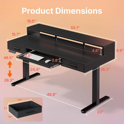 HUANUO 55″ x 26″ Electric Standing Desk with 2 Drawers &24.4″ Large Keyboard Tray, C-Clamp Mount Compatible, Adjustable Computer Desk for Office, Sit Stand Up Desk with 4 Height Presets, Light Walnut