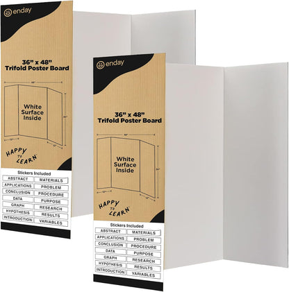Trifold Poster Board 36" x 48" White Presentation Board - Self-Adhesive Science Subtitles Included - Science Fair Display Boards, for School, Fun Projects and Business Presentations - by Emraw
