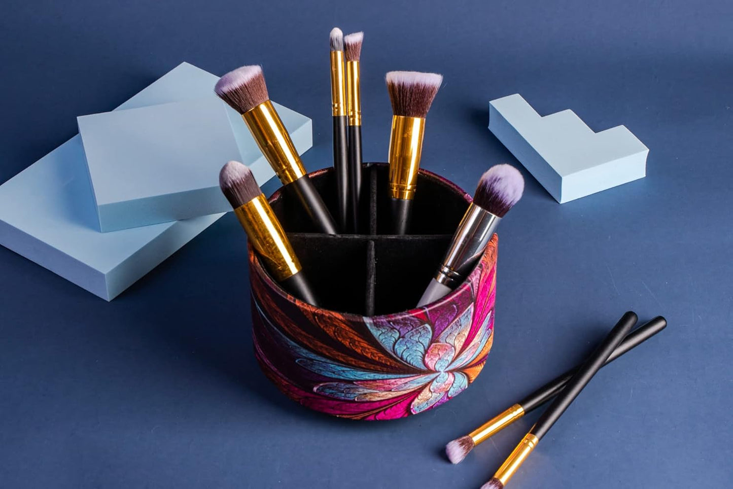 Round Leather Art Supply Organizer,Remote Control Holder,360 Degree Rotating,Multi-Functional Pencil Holder,4 Compartments Desktop Stationary Organizer(1-Fractal Flower) | Round - Colors C