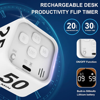 Rotating Cube Pomodoro Timer 5, 25, 10, 50 Min Preset + Custom Countdown, Desk Productivity Flip Visual Timer w/Silicone Case, Silent Mode, Ideal for ADHD Tool Study Work School (Black)