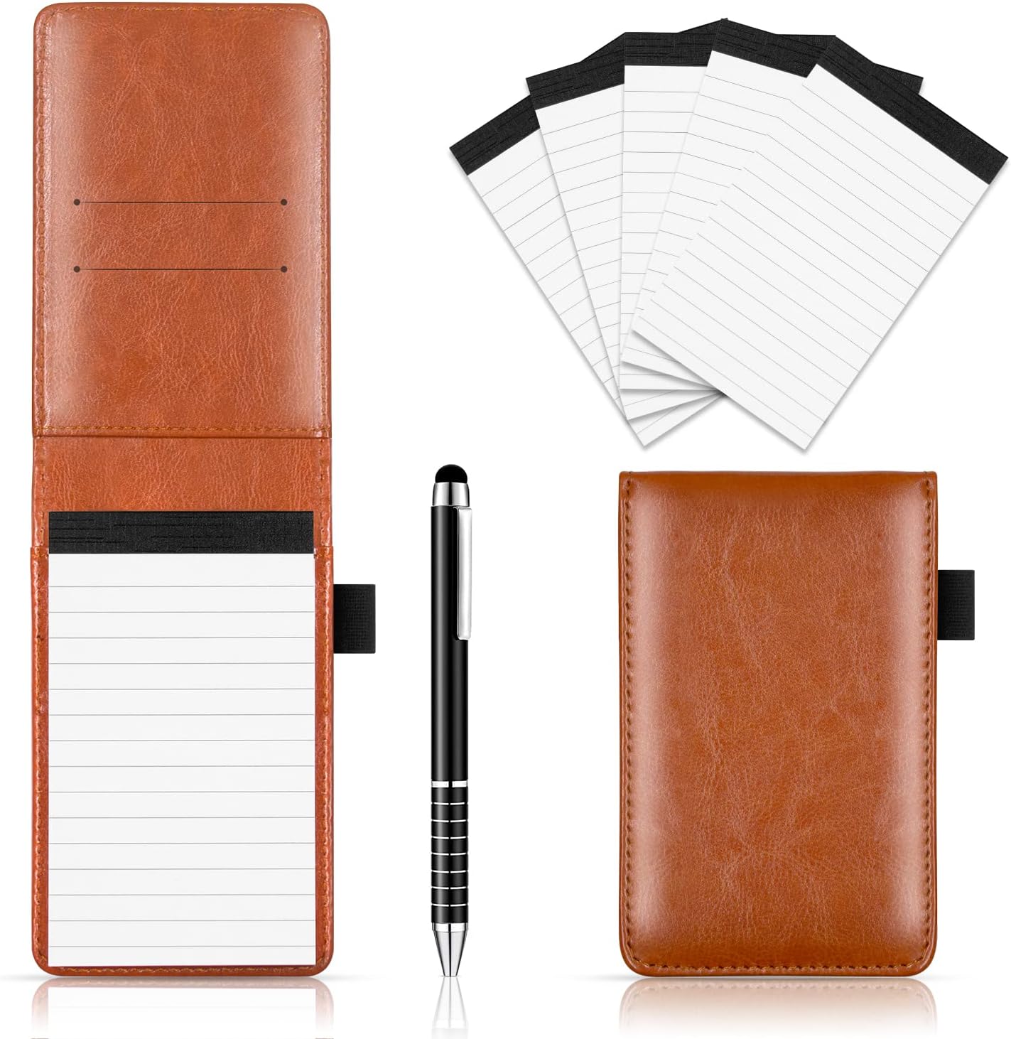 7 Pieces Small Notepads Holder Set, Pocket Notebook with pen, Included 5 Pieces Refills 3 x 5 Inch, 30 Lined Paper Per Note Pad (Black)