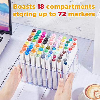 MotiMind 2 Pcs Acrylic Marker Organizer Desktop Storage Hold 144 Marker, Clear Pencil Holder Stand Art Brushes Stationary Display with 18 Compartments for School Classroom Desk Home Office Supplies