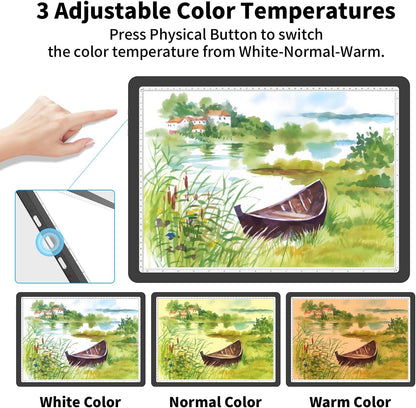 Rechargeable A4 Light Board for Diamond Painting, 9000 Lux Tracing Light Box with Side Physical Buttons, 3 Colors and 6 Levels of Brightness, LED Light Pad for Diamond Art, Drawing, Weeding Vinyl