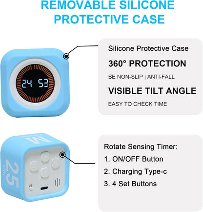Rotating Cube Visual Pomodoro Timer 5, 25, 10 50 Minutes Preset + Custom Countdown, Rechargeable Desk Productivity Flip Timer with Detachable Silicone Cover for ADHD Study Work Kitchen School (White)