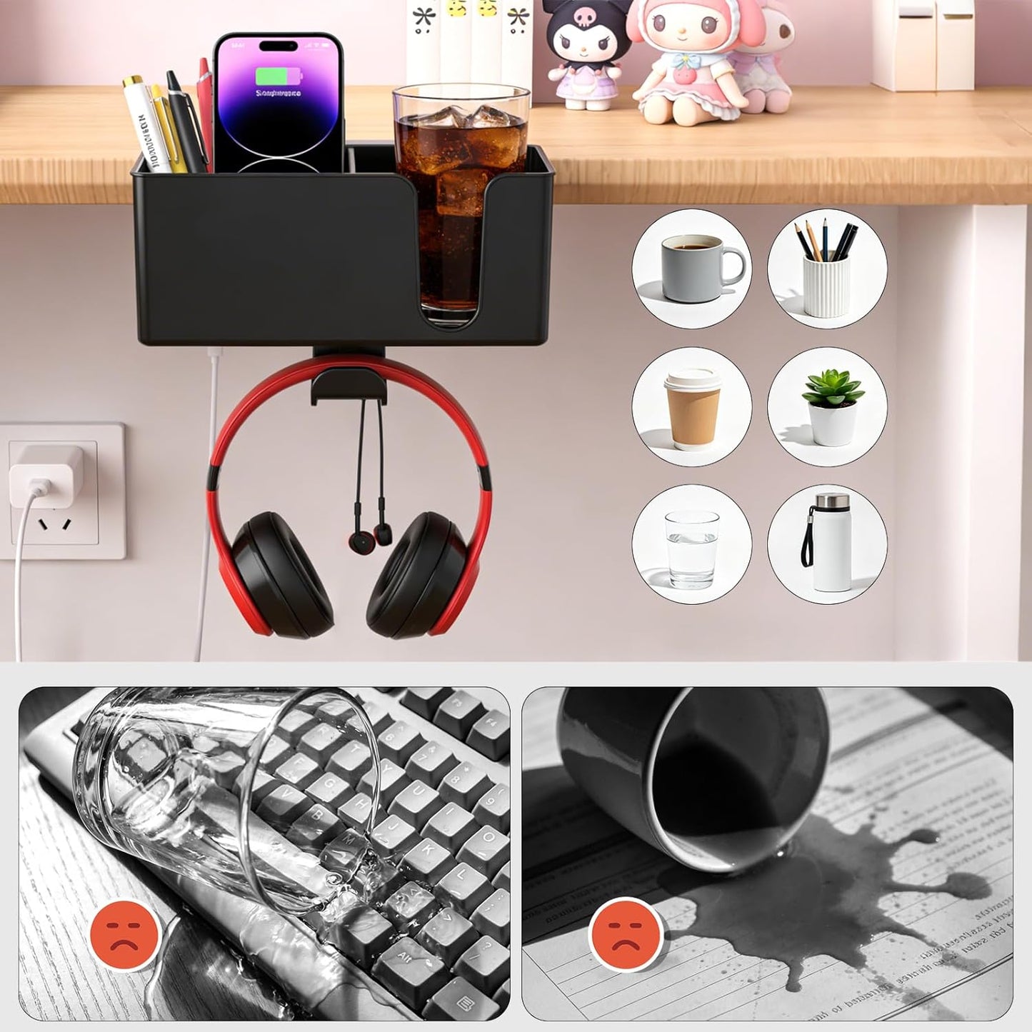 MYITYARD Desk Cup Holder Clamp, Anti-Spill Clip On Table Cup Holder, Rotatable Water Bottle Stand Drink Coffee Mug Storage, Office Accessories for Home and School (Black)
