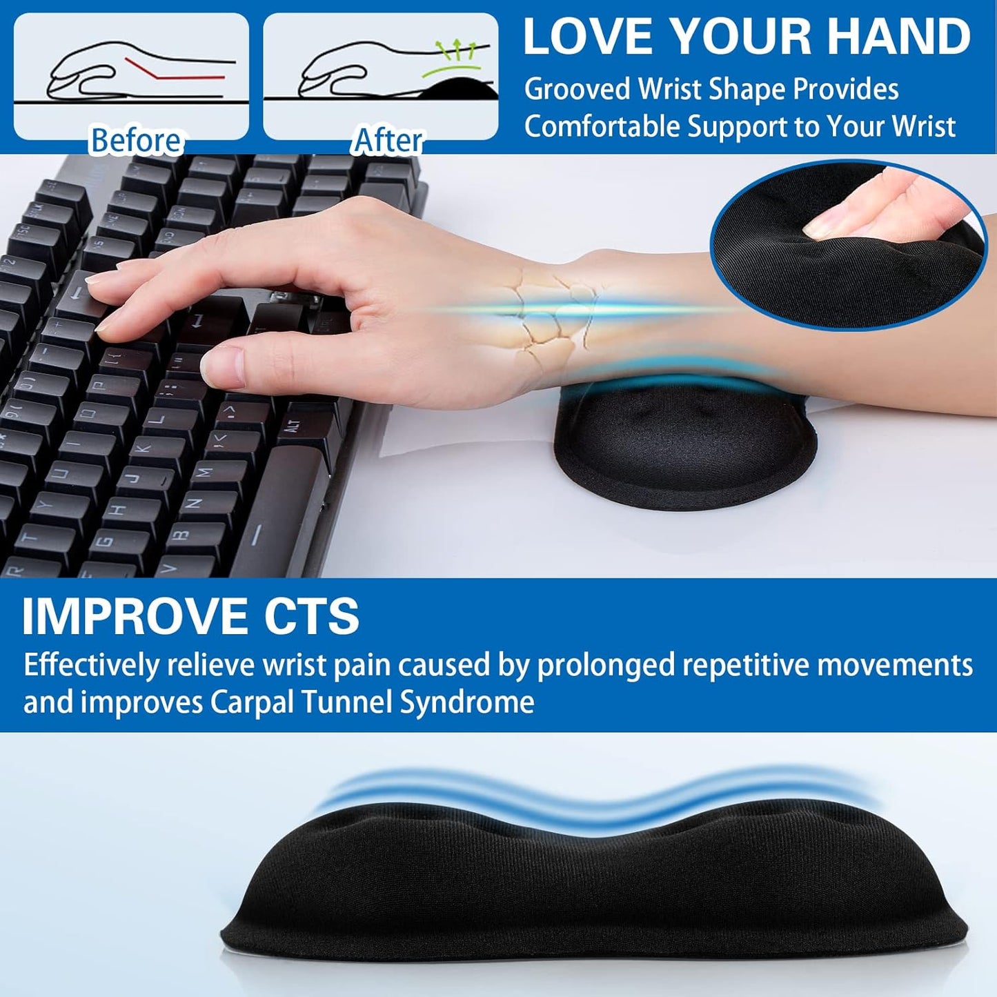 Mouse Wrist Rest, Canjoy 2 Pack Memory Foam Soft Fabric Mouse Wrist Rest Pad Support Cushion with Anti-Skid Rubber Base,Ergonomic Pain Relief Mouse Hand Rest (Black)