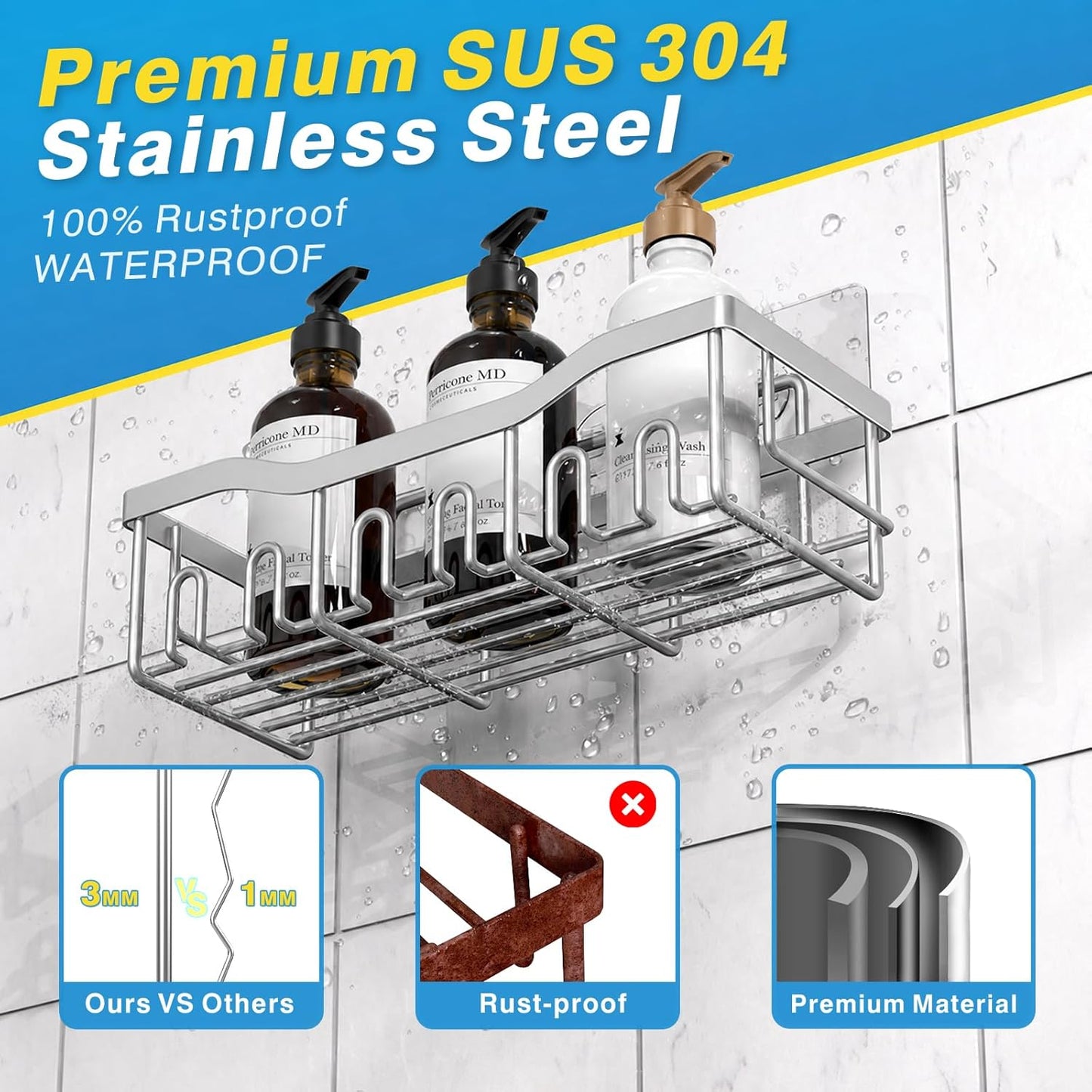 EUDELE Adhesive Shower Caddy, 5 Pack Rustproof Stainless Steel Bath Organizers With Large Capacity, No Drilling Shelves for Bathroom Storage & Home Decor