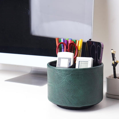 Round Leather Art Supply Organizer,Remote Control Holder,360 Degree Rotating,Multi-Functional Pencil Holder,4 Compartments Desktop Stationary Organizer(1-Fractal Flower) | Round - Colors B
